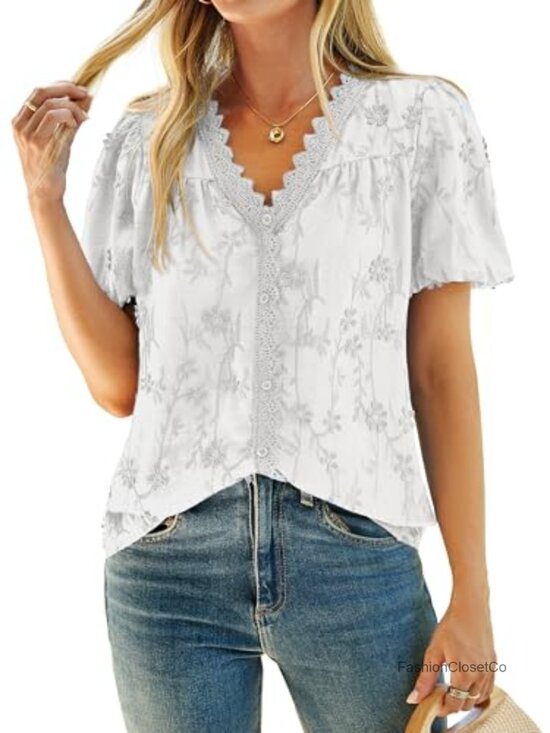Tops - Women's Embroidered Eyelet V-Neck Short Sleeve Blouse Peasant Top